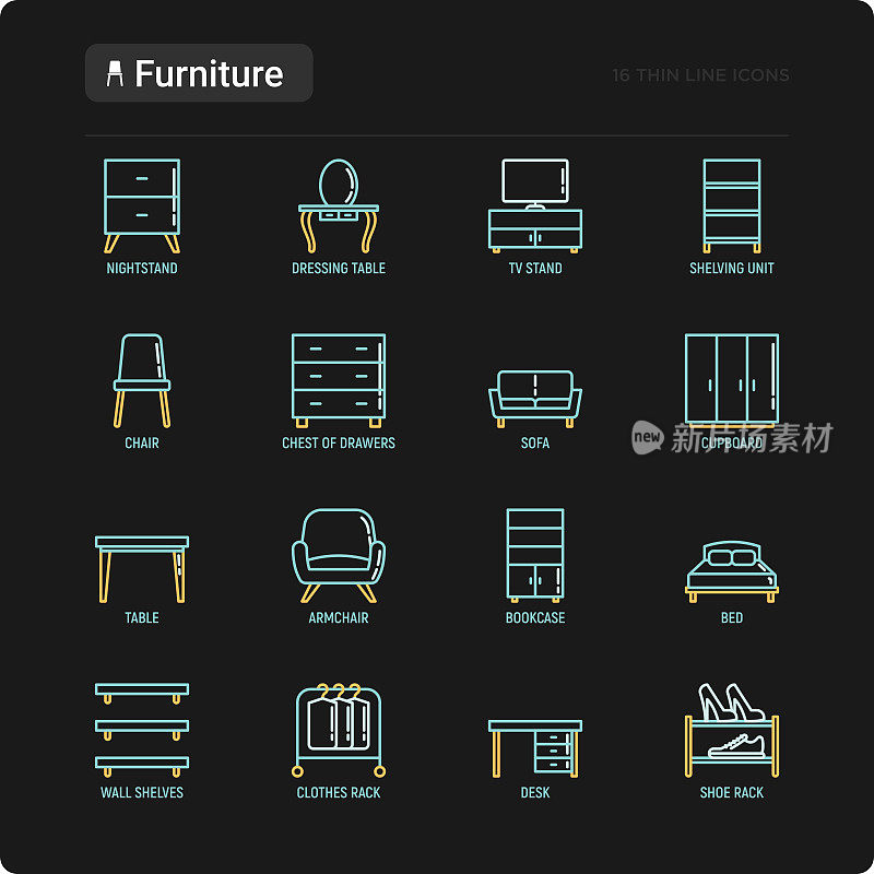 Furniture thin line icons set: dressing table, sofa, armchair, wardrobe, chair, table, bookcase, bad, clothes rack, desk, wall shelves. Elements of interior. Modern vector illustration for black theme